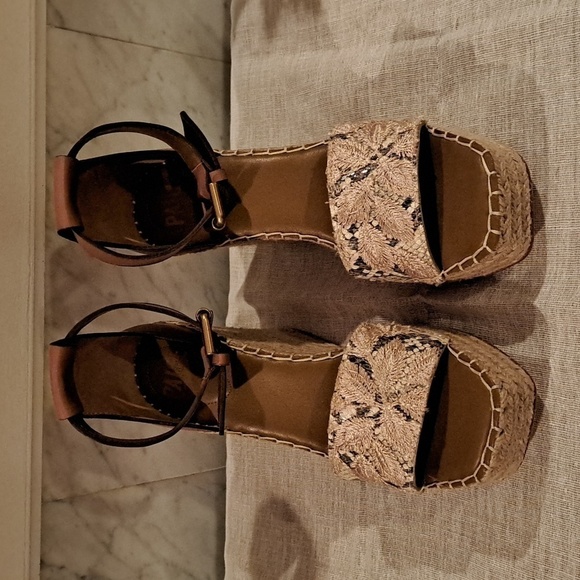 Paige Tan Color Embroidered Victoria Wedge Espadrille Sandals - Picture 3 of 7